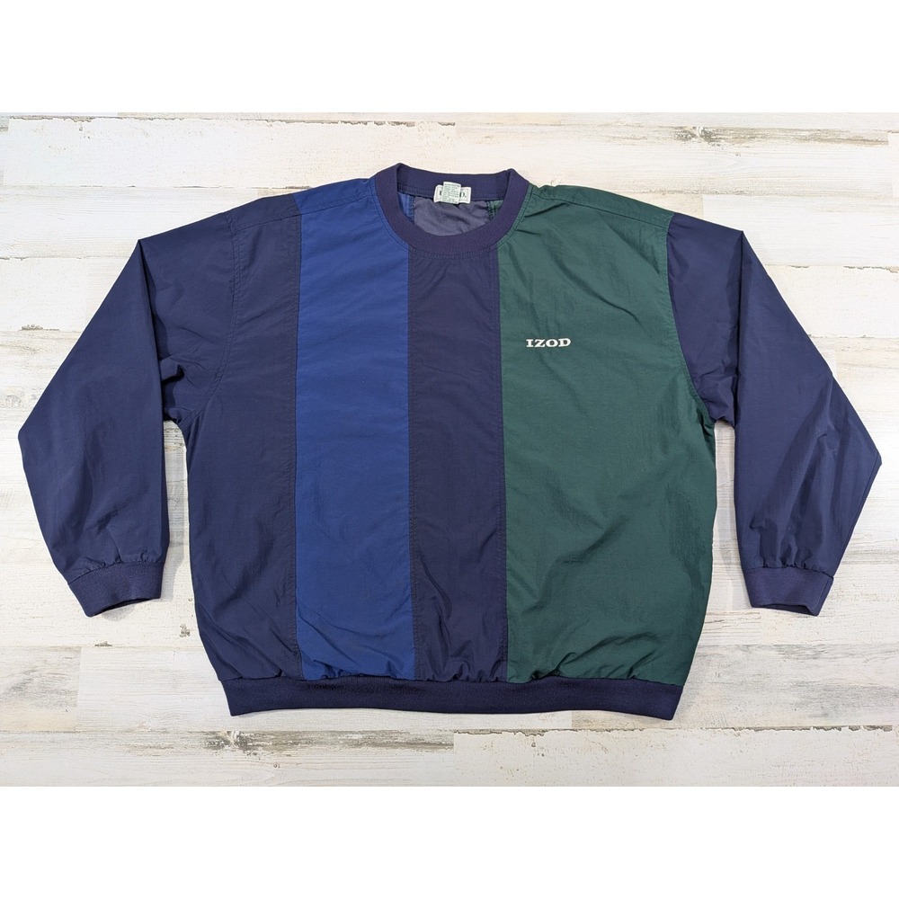 Vintage Izod Jacket Mens XL Colorblock Windbreaker Pullover Navy Green Striped